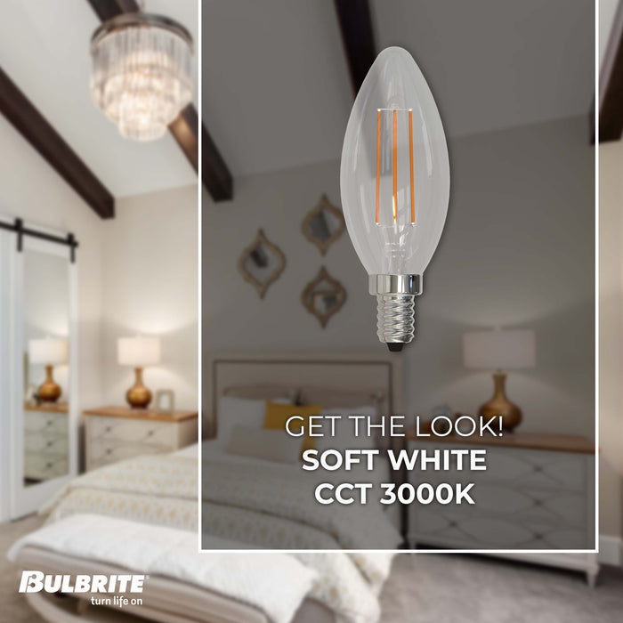 B11 5W Dimmable Clear Filament LED Light Bulb with E12 Base, 3000K, 500 Lumens, 3-Pack