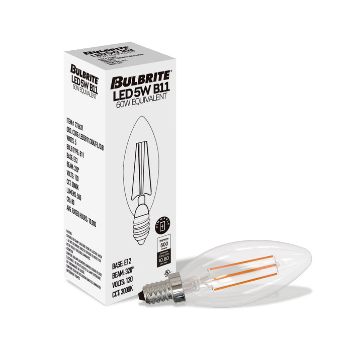 B11 5W Dimmable Clear Filament LED Light Bulb with E12 Base, 3000K, 500 Lumens, 4-Pack, 10000-Hour Life