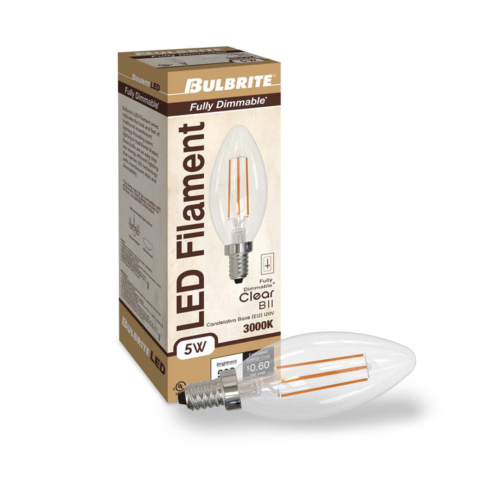 B11 5W Dimmable Clear Filament LED Light Bulb with E12 Base, 3000K, 500 Lumens, 4-Pack, 15000-Hour Life