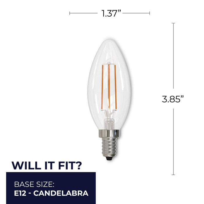 B11 5W Dimmable Clear Filament LED Light Bulb with E12 Base, 3000K, 500 Lumens, 4-Pack, 15000-Hour Life