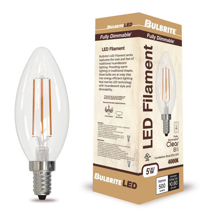 B11 5W Dimmable Clear Filament LED Light Bulb with E12 Base, 4000K, 500 Lumens, 4-Pack