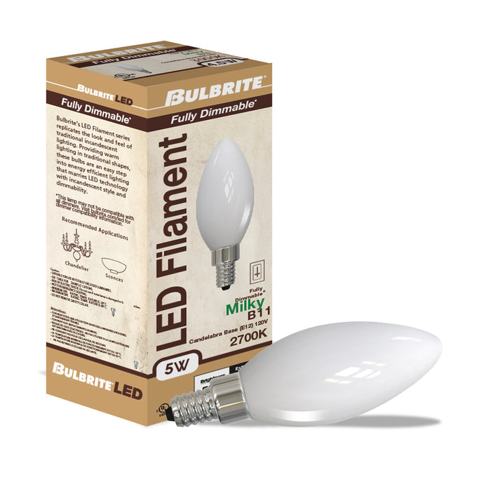 B11 5W Dimmable Milky Filament LED Light Bulb with E12 Base, 2700K, 500 Lumens, 4-Pack