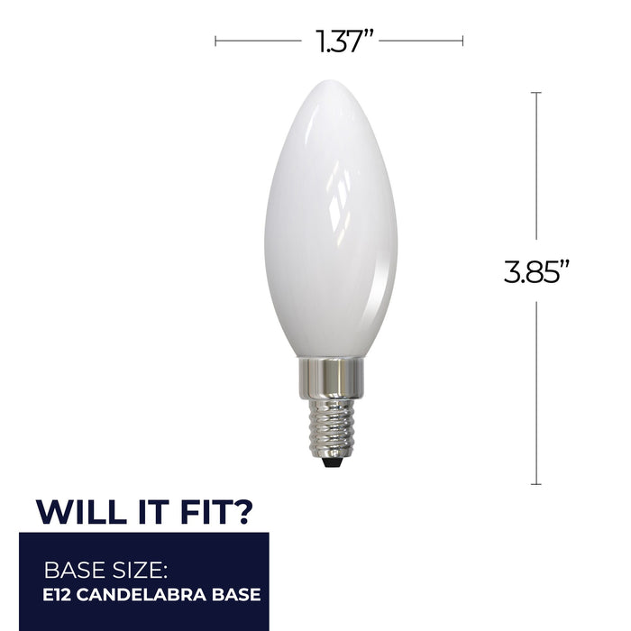 B11 5W Dimmable Milky Filament LED Light Bulb with E12 Base, 2700K, 500 Lumens, 4-Pack
