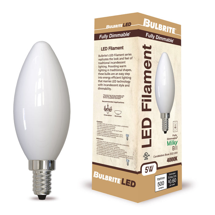 B11 5W Dimmable Milky Filament LED Light Bulb with E12 Base, 4000K, 500 Lumens, 4-Pack