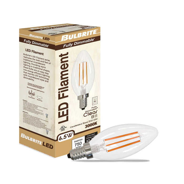 B11 6.5W Dimmable Clear Filament LED Light Bulb with E12 Base, 3000K, 750 Lumens, 4-Pack