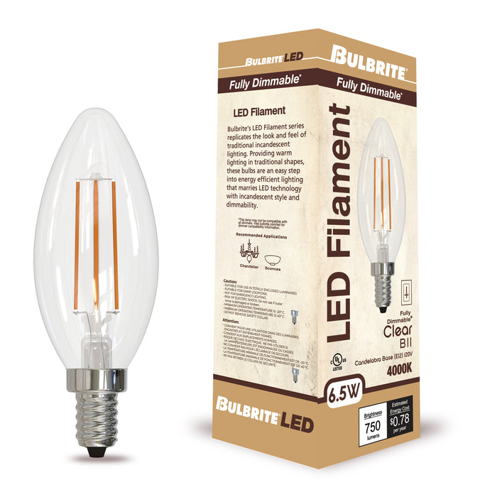 B11 6.5W Dimmable Clear Filament LED Light Bulb with E12 Base, 4000K, 750 Lumens, 4-Pack