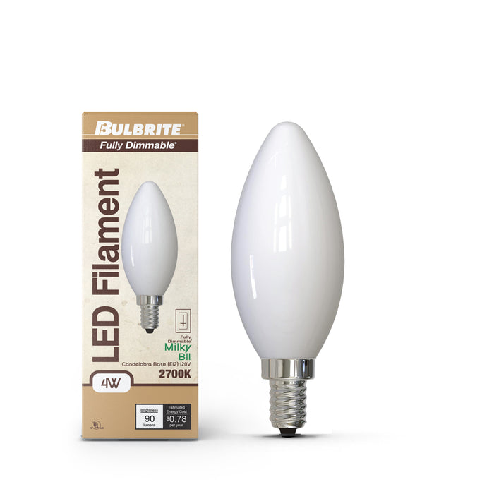 B11 6.5W Dimmable Milky Filament LED Light Bulb with E12 Base, 2700K, 750 Lumens, 4-Pack