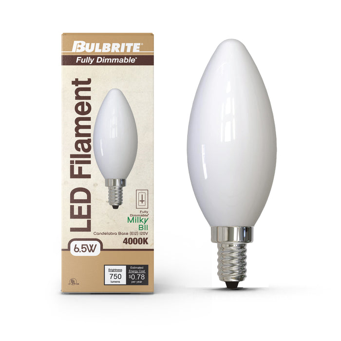 B11 6.5W Dimmable Milky Filament LED Light Bulb with E12 Base, 4000K, 750 Lumens, 4-Pack