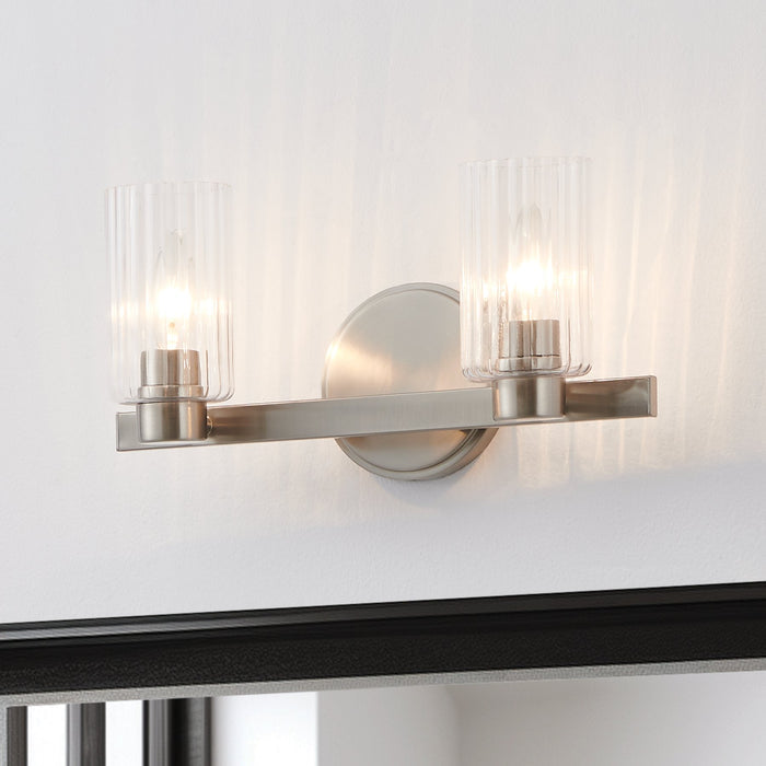 Bedminster 14-inch 2-light Brushed Nickel Vanity Light with Clear Ribbed Glass Shades