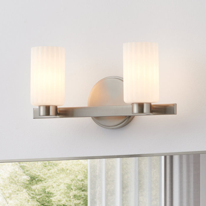Bedminster 14-inch 2-light Brushed Nickel Vanity Light with Etched Opal Ribbed Glass Shades