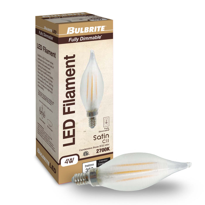 C11 4W Dimmable Satin Filament LED Light Bulb with E12 Base, 2700K, 350 Lumens, 4-Pack