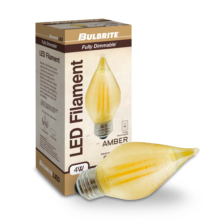C15 4W Dimmable Amber Filament LED Light Bulb with E26 Base, 2100K, 250 Lumens, 4-Pack