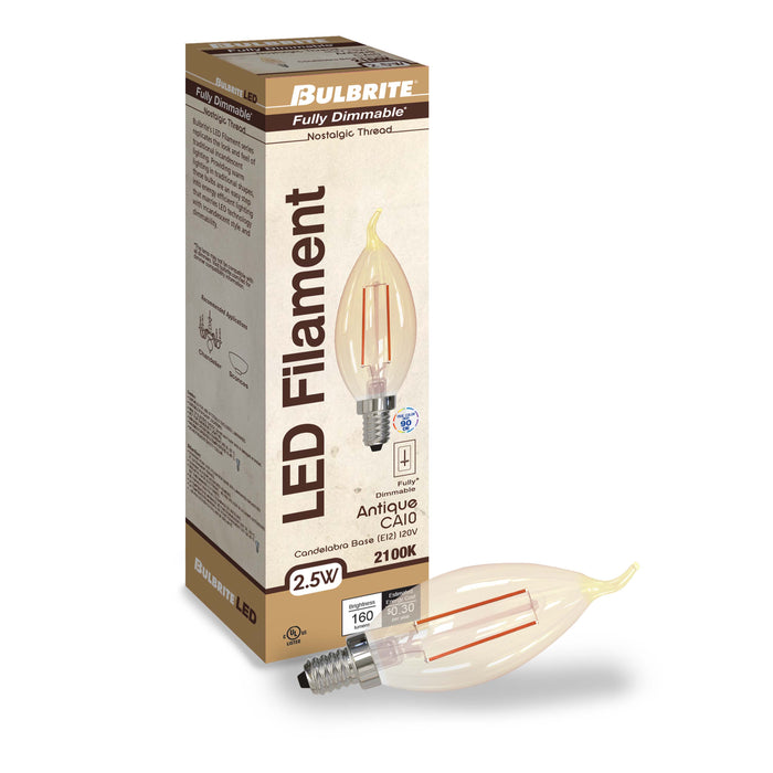 CA10 2.5W Dimmable Antique Filament LED Light Bulb with E12 Base, 2100K, 160 Lumens, 4-Pack