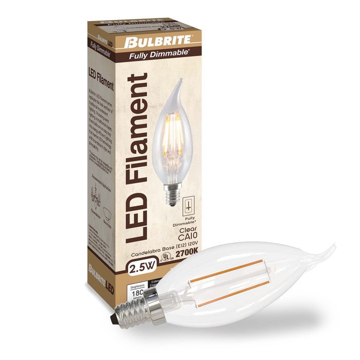 CA10 2.5W Dimmable Clear Filament LED Light Bulb with E12 Base, 2700K, 250 Lumens, 4-Pack