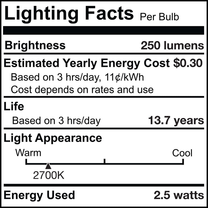 CA10 2.5W Dimmable Clear Filament LED Light Bulb with E12 Base, 2700K, 250 Lumens, 4-Pack