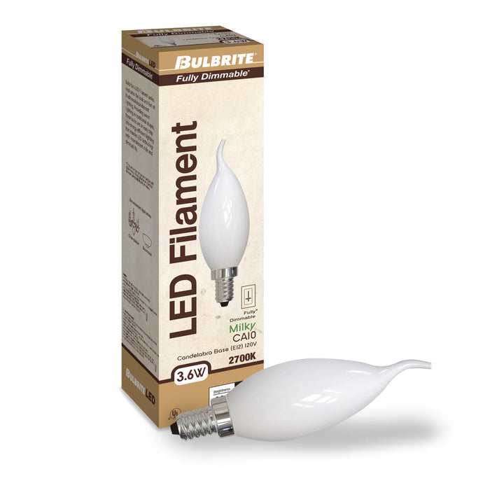 CA10 3.6W Dimmable Milky Filament LED Light Bulb with E12 Base, 2700K, 300 Lumens, 4-Pack