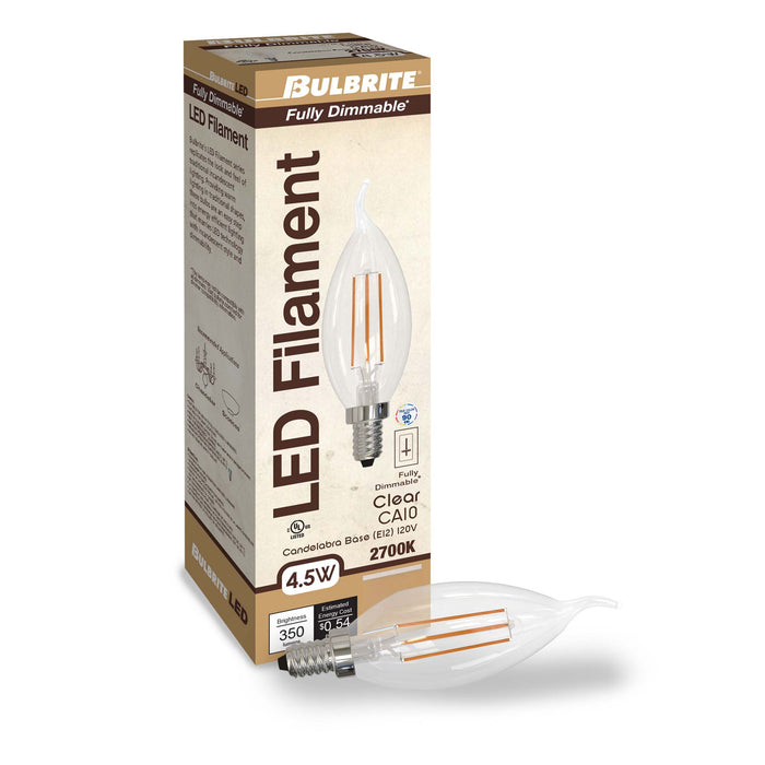 CA10 4.5W Dimmable Clear Filament LED Light Bulb with E12 Base, 2700K, 350 Lumens, 4-Pack