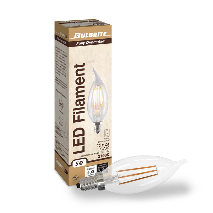 CA10 5W Dimmable Clear Filament LED Light Bulb with E12 Base, 2700K, 500 Lumens, 4-Pack