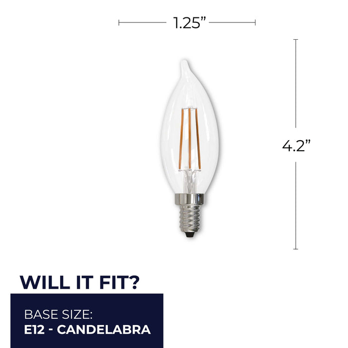 CA10 5W Dimmable Clear Filament LED Light Bulb with E12 Base, 2700K, 500 Lumens, 4-Pack