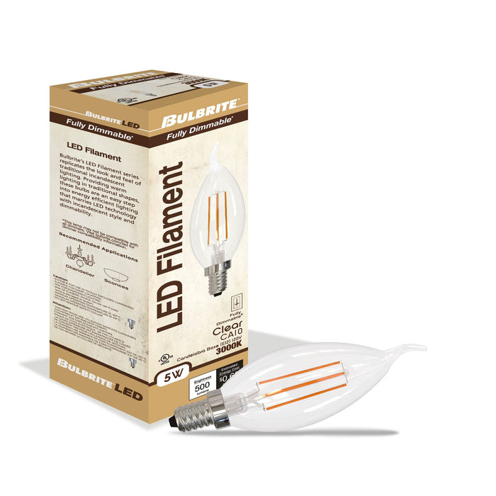 CA10 5W Dimmable Clear Filament LED Light Bulb with E12 Base, 3000K, 500 Lumens, 4-Pack