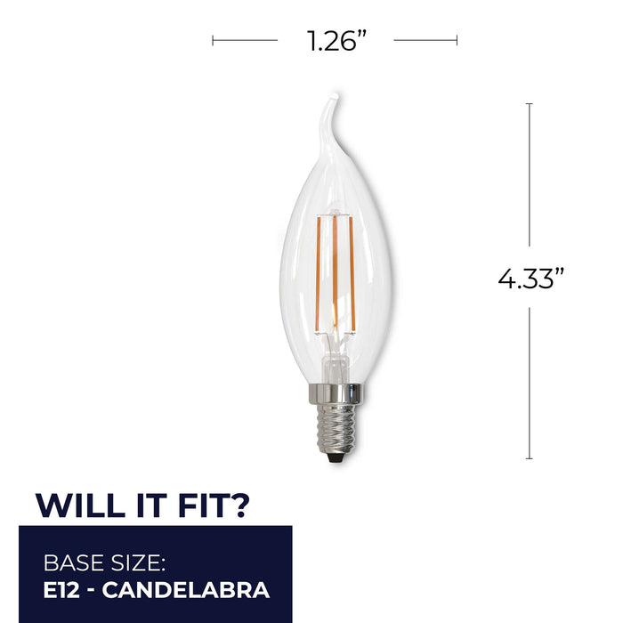 CA10 5W Dimmable Clear Filament LED Light Bulb with E12 Base, 3000K, 500 Lumens, 4-Pack