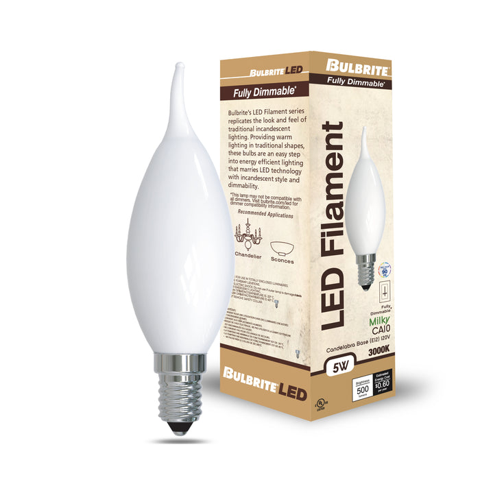 CA10 5W Dimmable Milky Filament LED Light Bulb with E12 Base, 3000K, 500 Lumens, 4-Pack