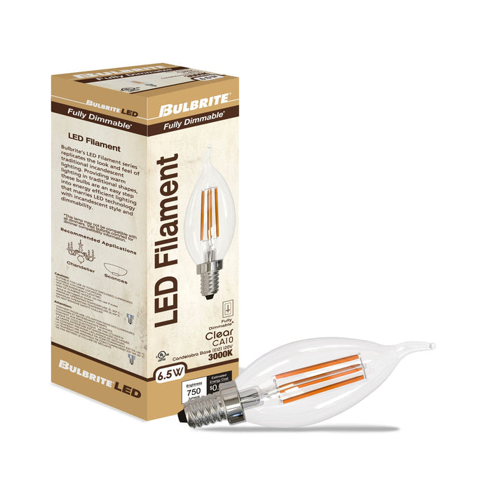 CA10 6.5W Dimmable Clear Filament LED Light Bulb with E12 Base, 3000K, 750 Lumens, 4-Pack