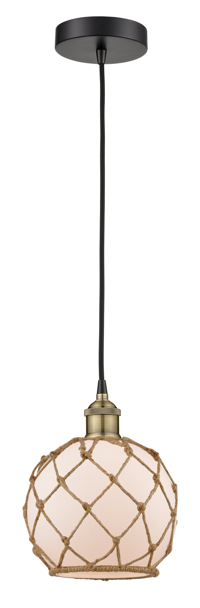Black Antique Brass / White Glass with Brown Rope