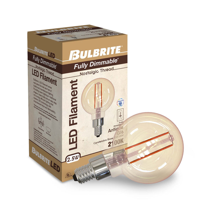 G16 2.5W Dimmable Antique Filament LED Light Bulb with E12 Base, 2100K, 160 Lumens, 3-Pack
