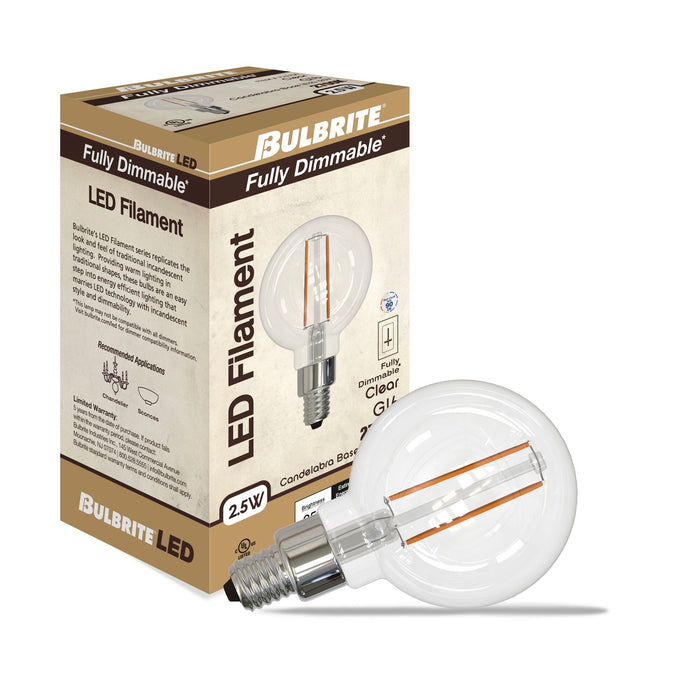 G16 2.5W Dimmable Clear Filament LED Light Bulb with E12 Base, 2700K, 250 Lumens, 6-Pack