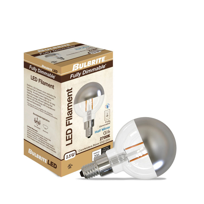 G16 2.5W Dimmable Half Chrome Filament LED Light Bulb with E12 Base, 2700K, 200 Lumens, 4-Pack