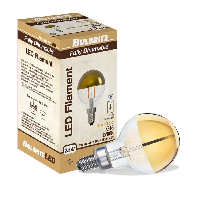 G16 2.5W Dimmable Half Gold Filament LED Light Bulb with E12 Base, 2700K, 200 Lumens, 4-Pack