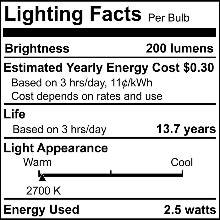 G16 2.5W Dimmable Half Gold Filament LED Light Bulb with E12 Base, 2700K, 200 Lumens, 4-Pack