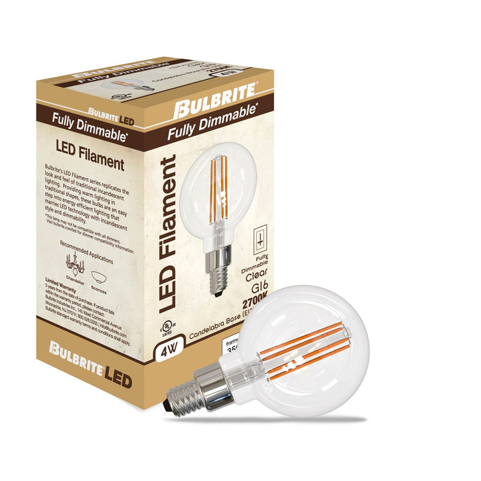 G16 4W Dimmable Clear Filament LED Light Bulb with E12 Base, 2700K, 350 Lumens, 4-Pack
