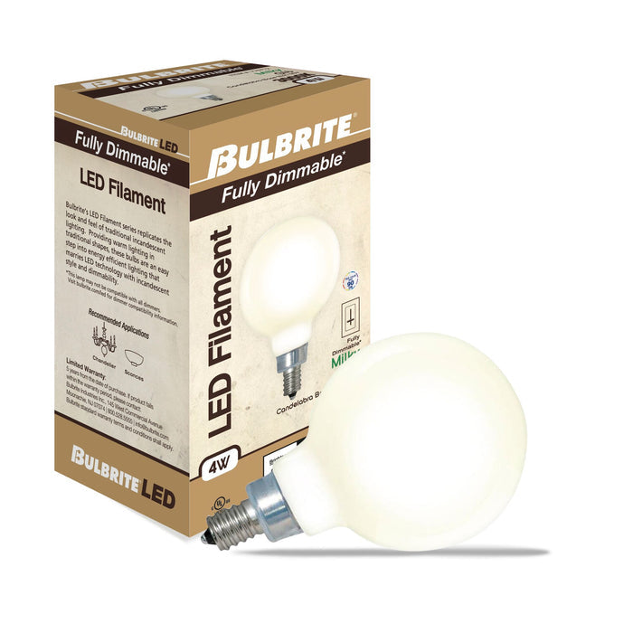 G16 4W Dimmable Milky Filament LED Light Bulb with E12 Base, 3000K, 360 Lumens, 4-Pack