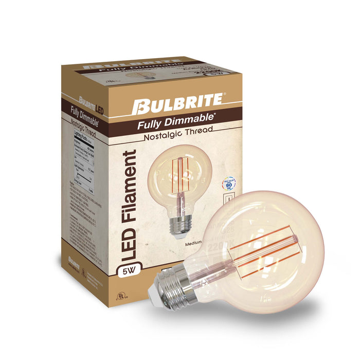 G25 5W Dimmable Antique Filament LED Light Bulb with E26 Base, 2200K, 450 Lumens, 2-Pack