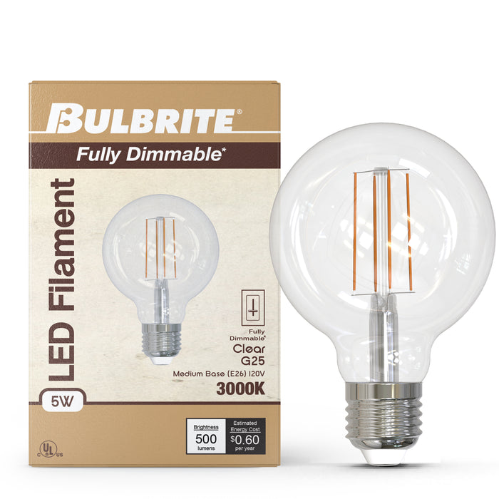 G25 5W Dimmable Clear Filament LED Light Bulb with E26 Base, 3000K, 500 Lumens, 4-Pack