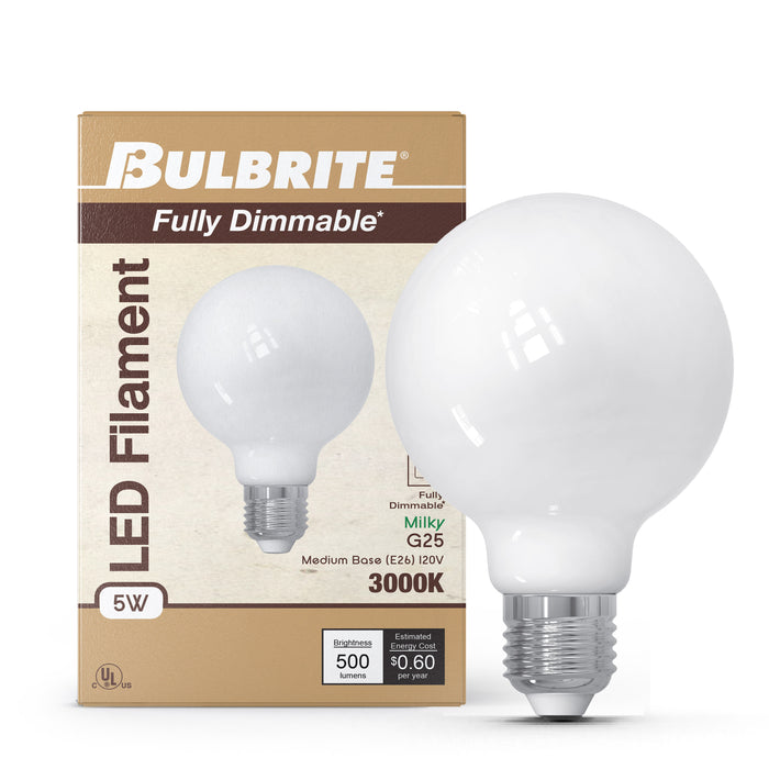 G25 5W Dimmable Milky Filament LED Light Bulb with E26 Base, 3000K, 500 Lumens, 4-Pack