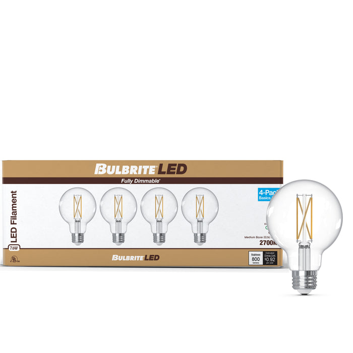 G25 7.6W Dimmable Clear Filament LED Light Bulb with E26 Base, 2700K, 800 Lumens, 4-Pack