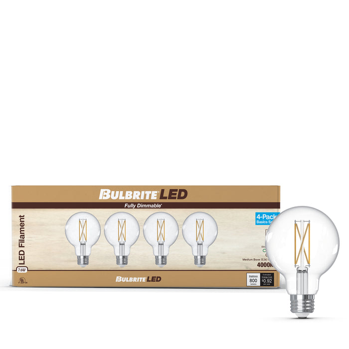 G25 7.6W Dimmable Clear Filament LED Light Bulb with E26 Base, 4000K, 800 Lumens, 4-Pack