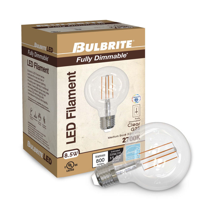 G25 8.5W Dimmable Clear Filament LED Light Bulb with E26 Base, 2700K, 800 Lumens, 4-Pack