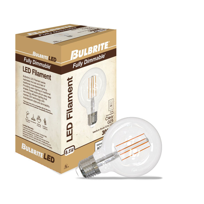 G25 8.5W Dimmable Clear Filament LED Light Bulb with E26 Base, 3000K, 800 Lumens, 4-Pack