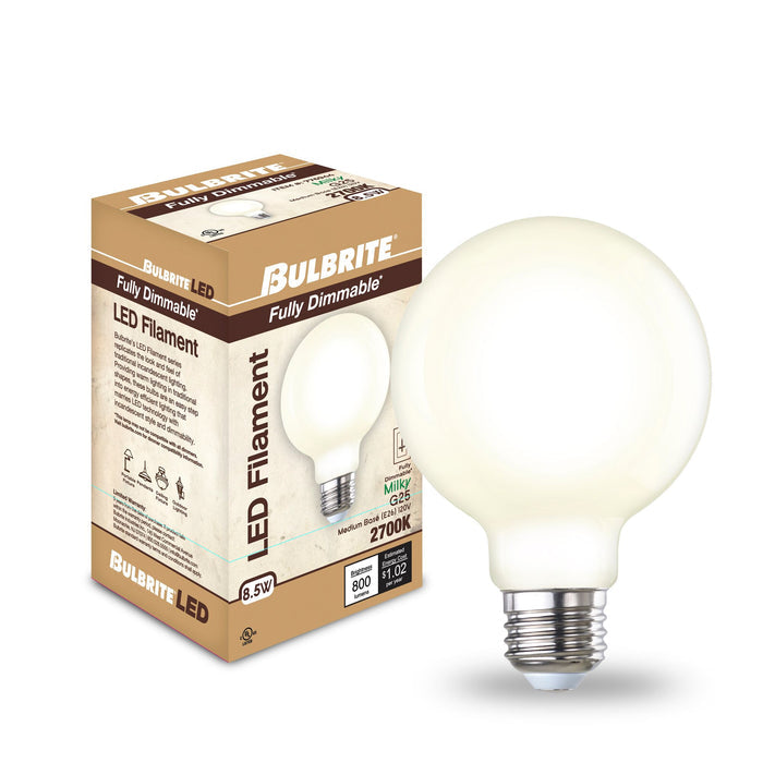 G25 8.5W Dimmable Milky Filament LED Light Bulb with E26 Base, 2700K, 800 Lumens, 4-Pack