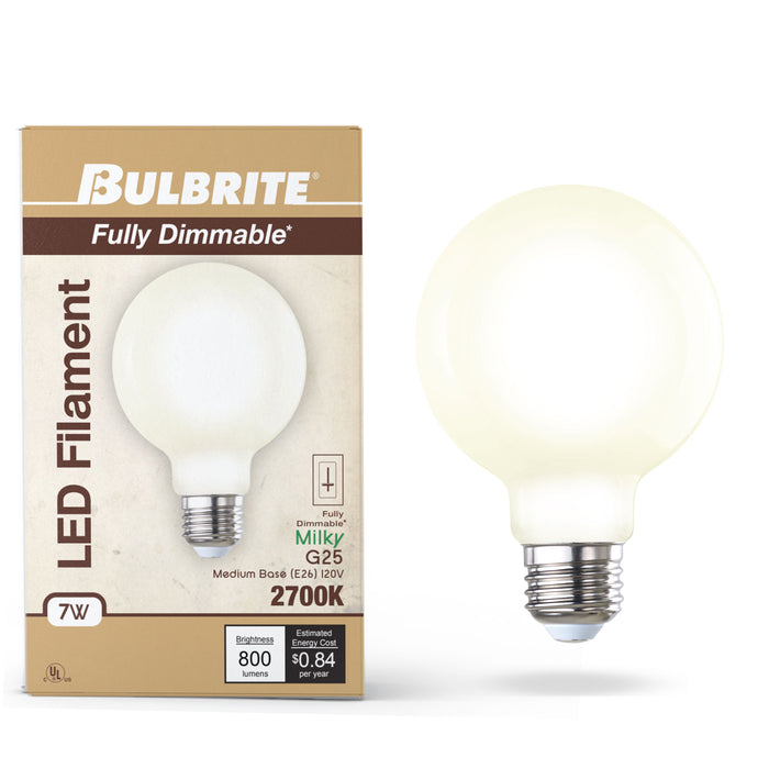 G25 8.5W Dimmable Milky Filament LED Light Bulb with E26 Base, 3000K, 800 Lumens, 2-Pack