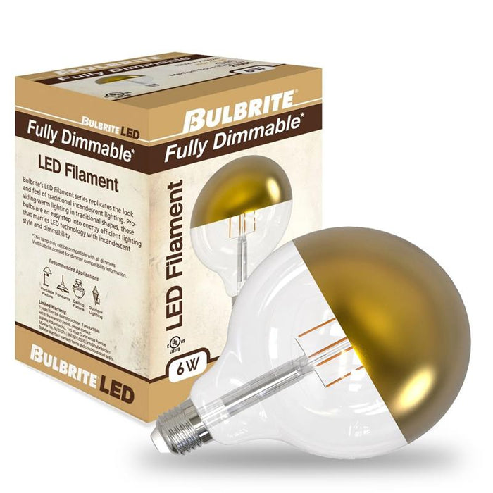 G40 6W Dimmable Half Gold Filament LED Light Bulb with E26 Base, 2700K, 500 Lumens, 4-Pack