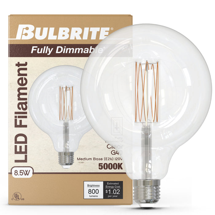 G40 8.5W Dimmable Clear Filament LED Light Bulb with E26 Base, 4000K, 800 Lumens, 2-Pack