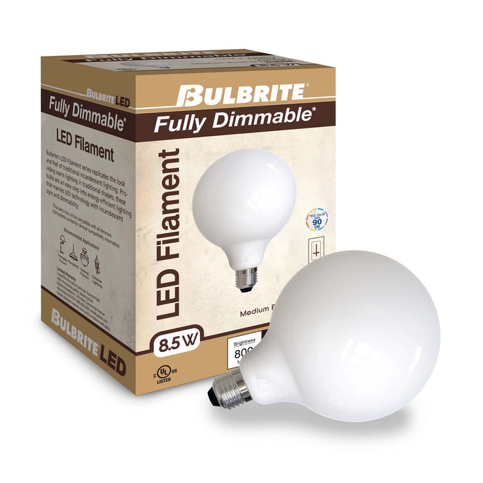 G40 8.5W Dimmable Milky Filament LED Light Bulb with E26 Base, 3000K, 800 Lumens, 4-Pack