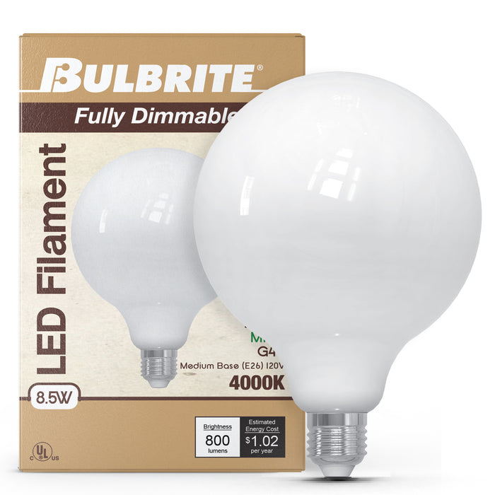 G40 8.5W Dimmable Milky Filament LED Light Bulb with E26 Base, 4000K, 800 Lumens, 2-Pack