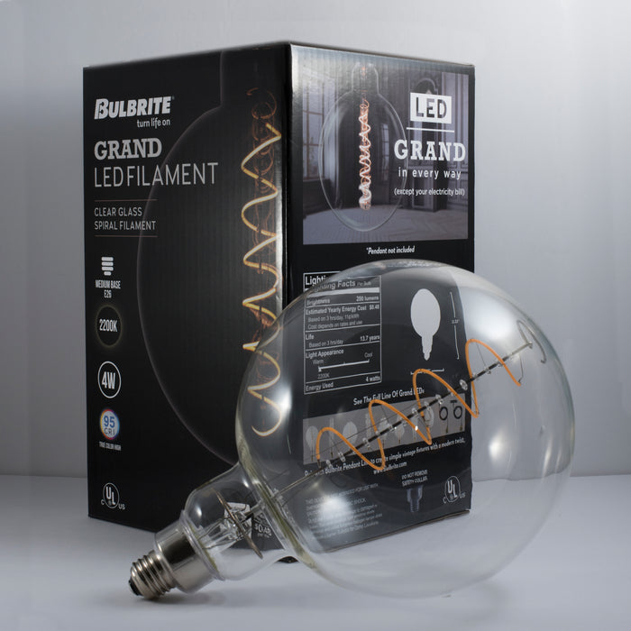 Grands G63 4W Dimmable Clear Filament LED Light Bulb with E26 Base, 2200K, 190 Lumens
