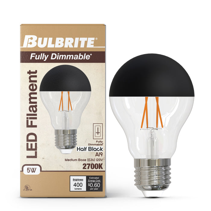 Half Series Designer A19 5W Dimmable Half Black Filament LED Light Bulb with E26 Base, 2700K, 400 Lumens, 4-Pack